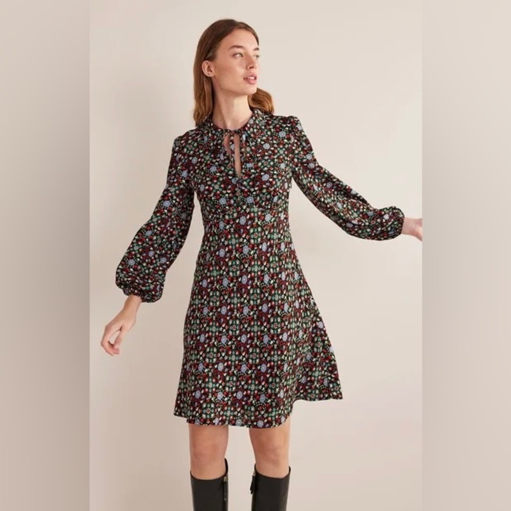 NWT Boden Tie Neck Shirt Dress Gardenia Floral Black Long Balloon Sleeves US 4 R